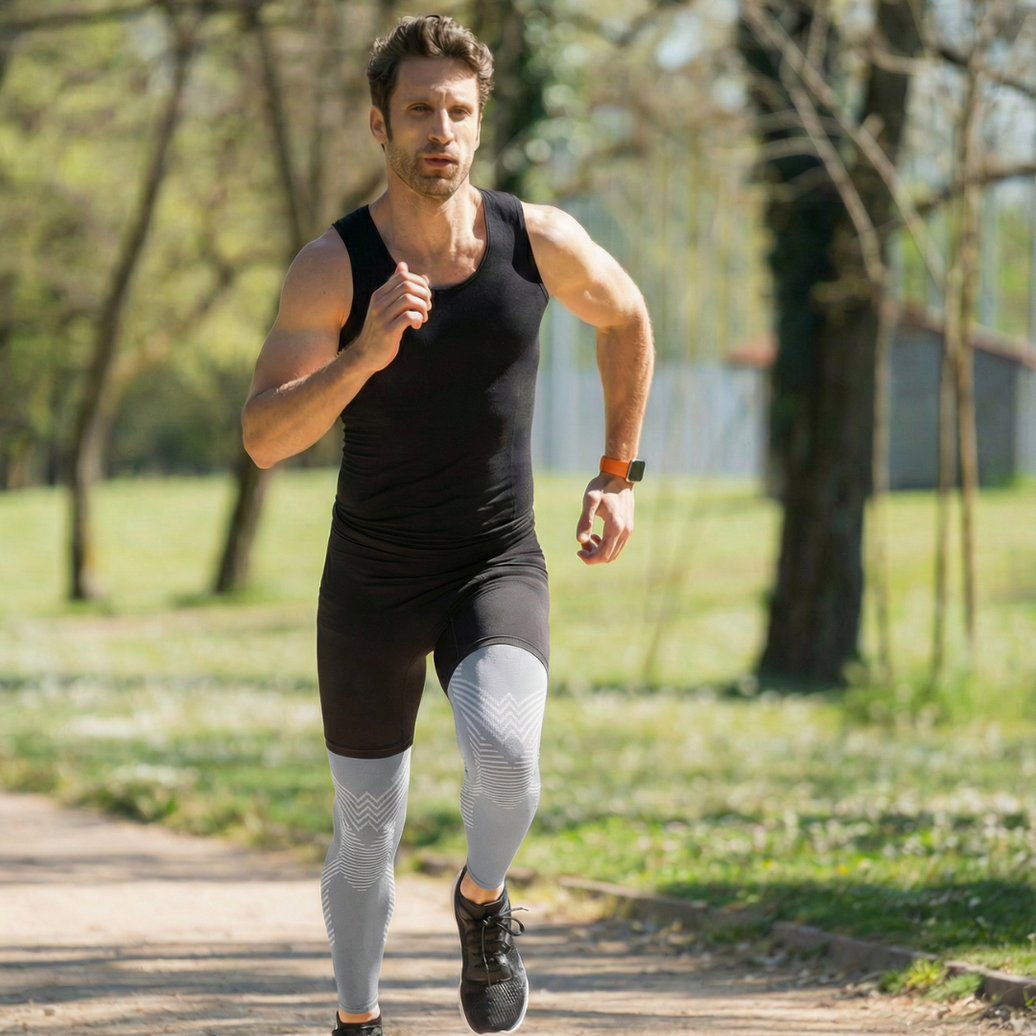 Homme en train de courir sur la route avec des manchons de mollet