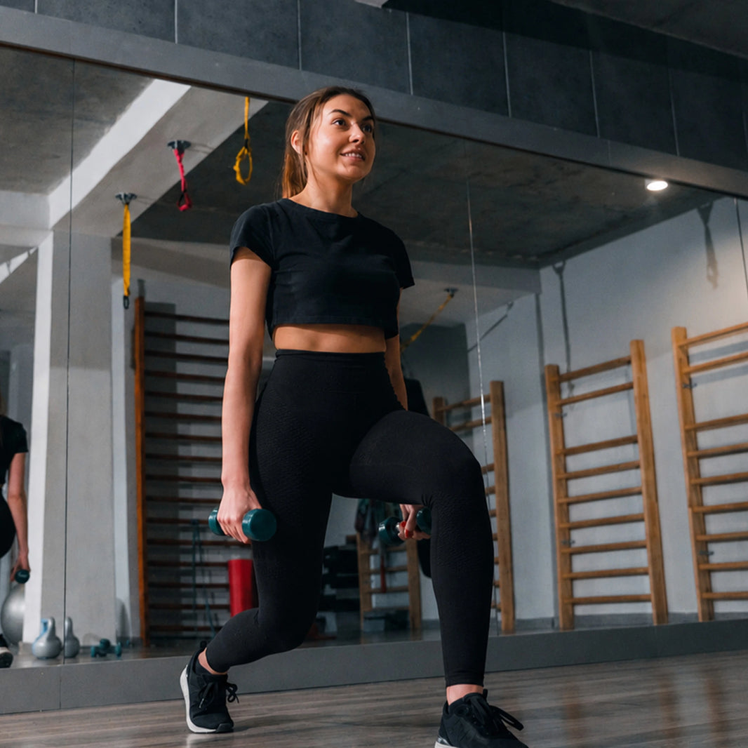 Femme tenant des poids dans une salle de sport