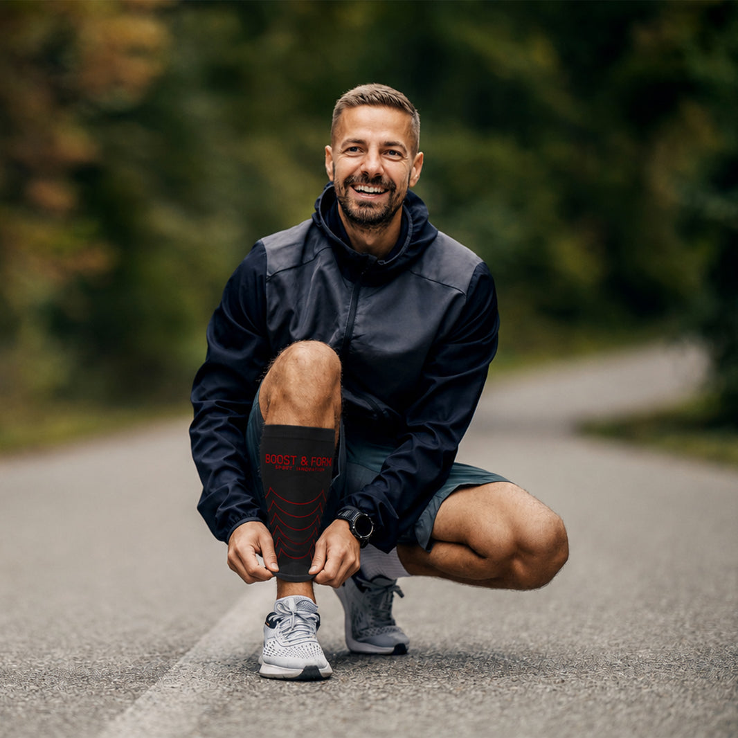 Homme en tenue de sport avec des manchons de mollet.