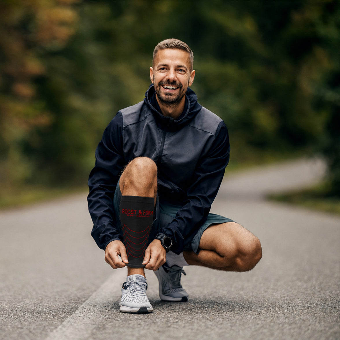 Homme en tenue de sport avec des manchons de mollet.