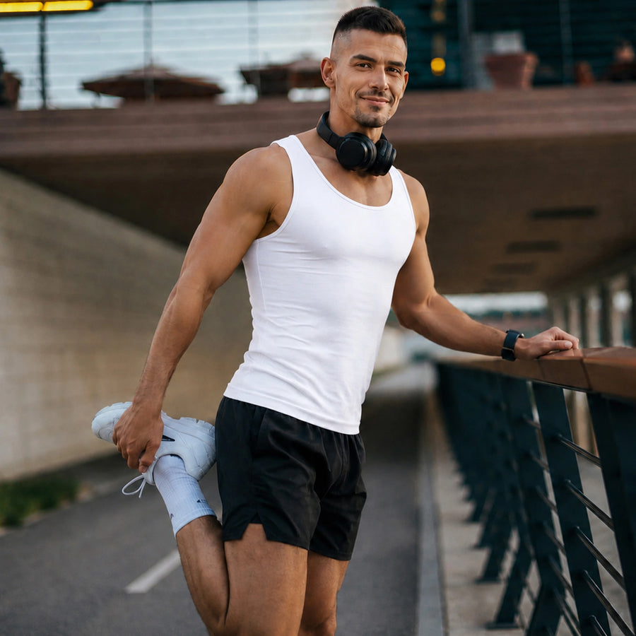 Homme faisant des étirements de jambe avant un jogging