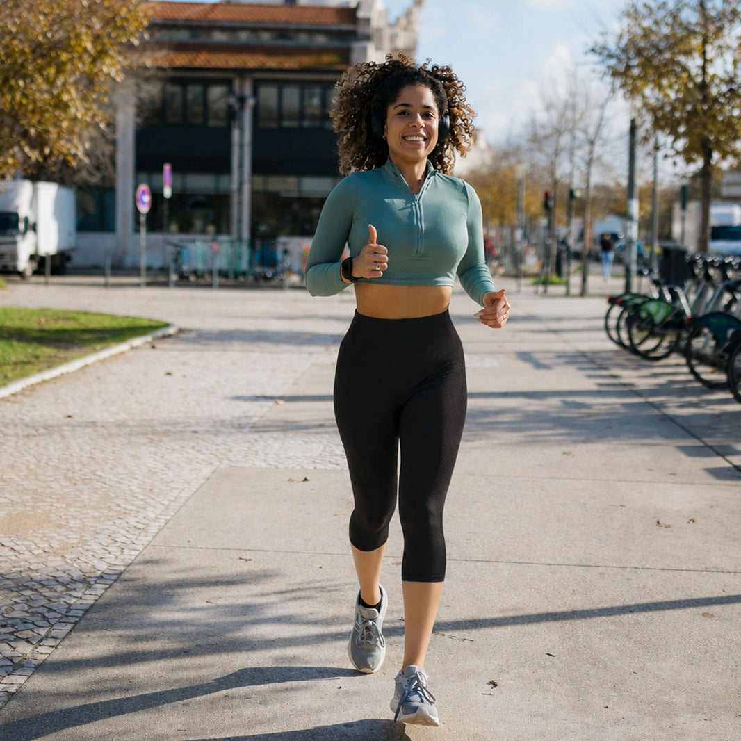 Femme courant en centre ville 