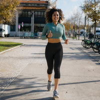 Femme courant en centre ville 